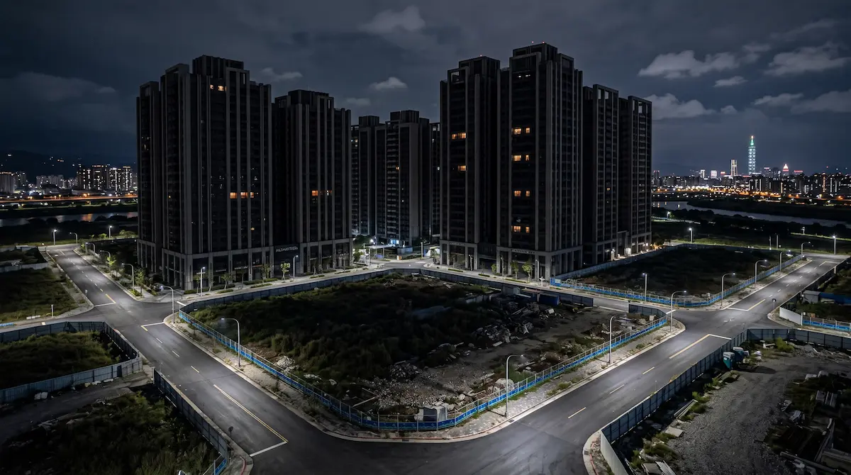 台灣新建重劃區夜景，高樓建案林立但多數窗戶無燈光，凸顯點燈率與實際進駐率的視覺落差。