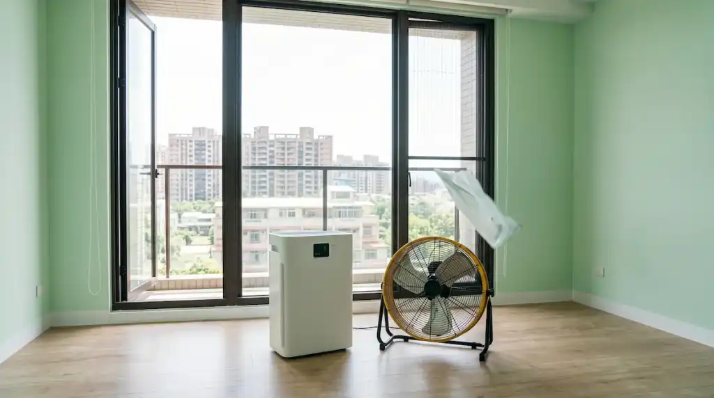 塗刷完成後的兒童房開啟窗戶與電風扇進行通風養護。