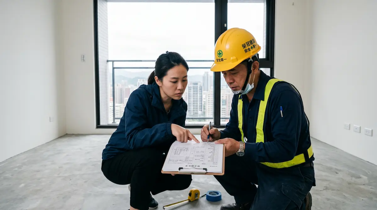 台灣預售屋驗屋現場，買方與建商正針對屋況切結書與交屋保留款的合約細節進行嚴謹核對。