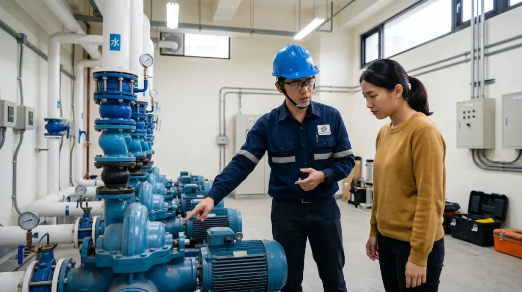 專業機電工程人員在社區機房進行公共設施查驗與管線確認。