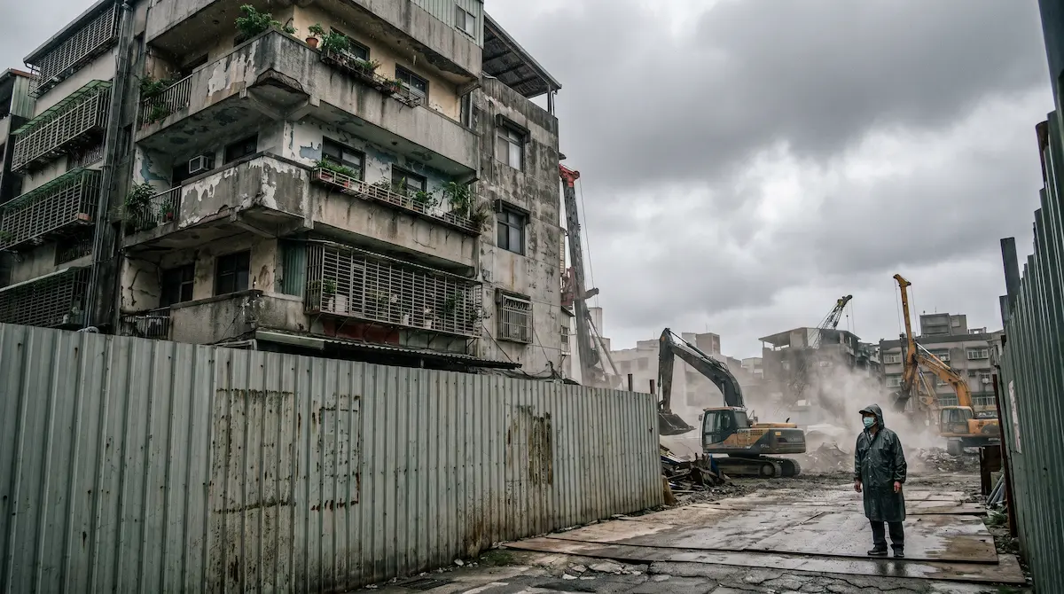緊鄰大型公辦都更案工地的台灣老舊公寓街景，凸顯漫長的施工黑暗期。