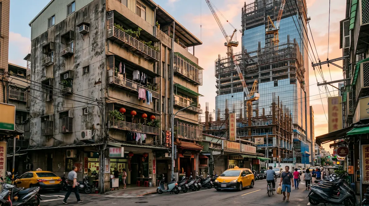 台灣老舊公寓與周邊公辦都更新建案的強烈對比街景。