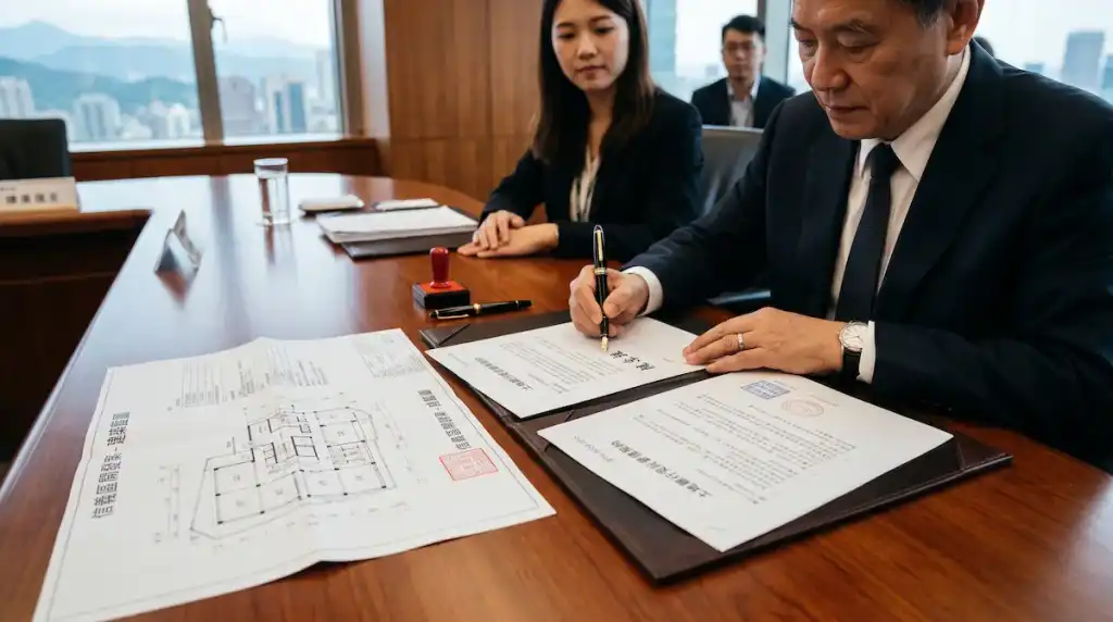 銀行信託專戶簽約現場，桌上擺放著不動產開發信託契約與鋼筆。