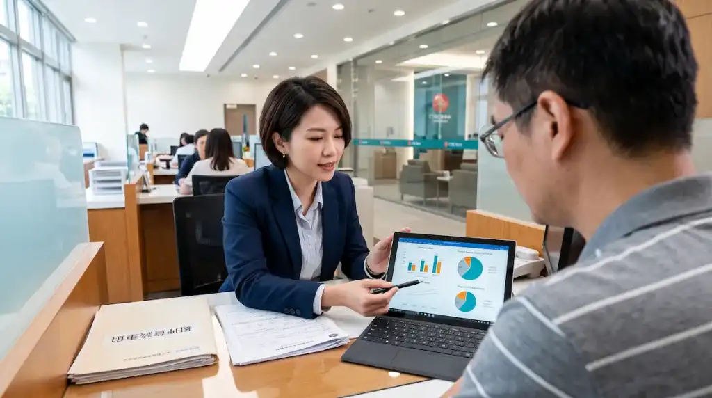 銀行專員正在向客戶解說房屋增貸條件與收支比門檻評估。