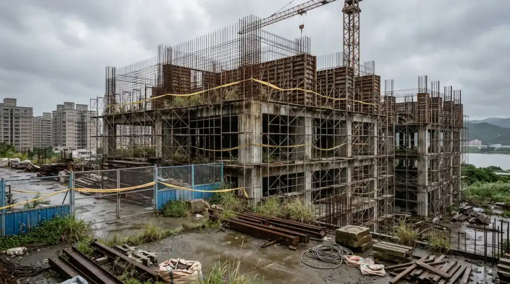 停工中的預售屋建案現場，凸顯建商無限期展延工期的工程現實。