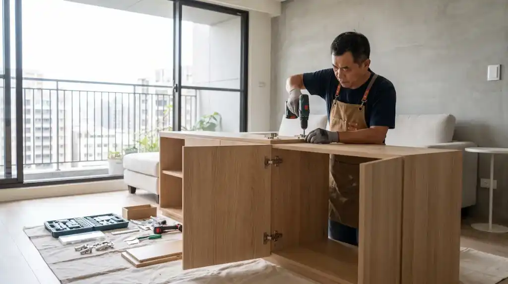裝潢師傅正在現代公寓內組裝系統櫃，取代傳統木作。