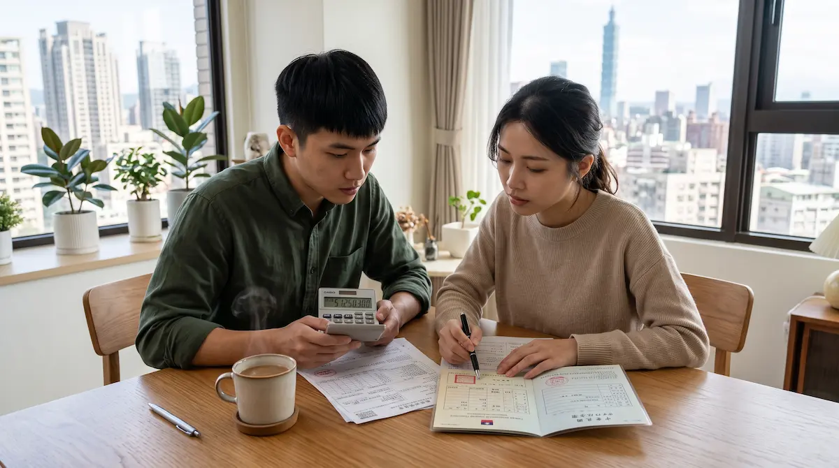 台灣首購族夫妻在餐桌上檢視房屋稅單與戶口名簿，規劃自用住宅稅率。