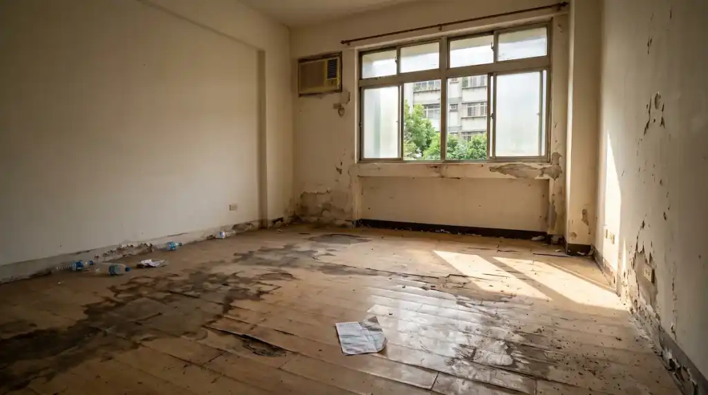 台灣公寓房客退租後遺留的木地板損壞與污漬實境。