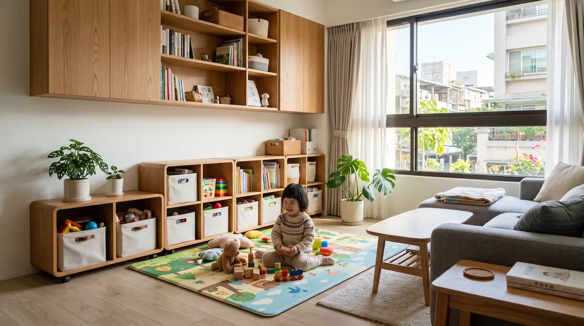 現代台灣親子宅客廳，結合高處固定式系統櫃與低處活動式收納，打造安全的幼童成長空間。