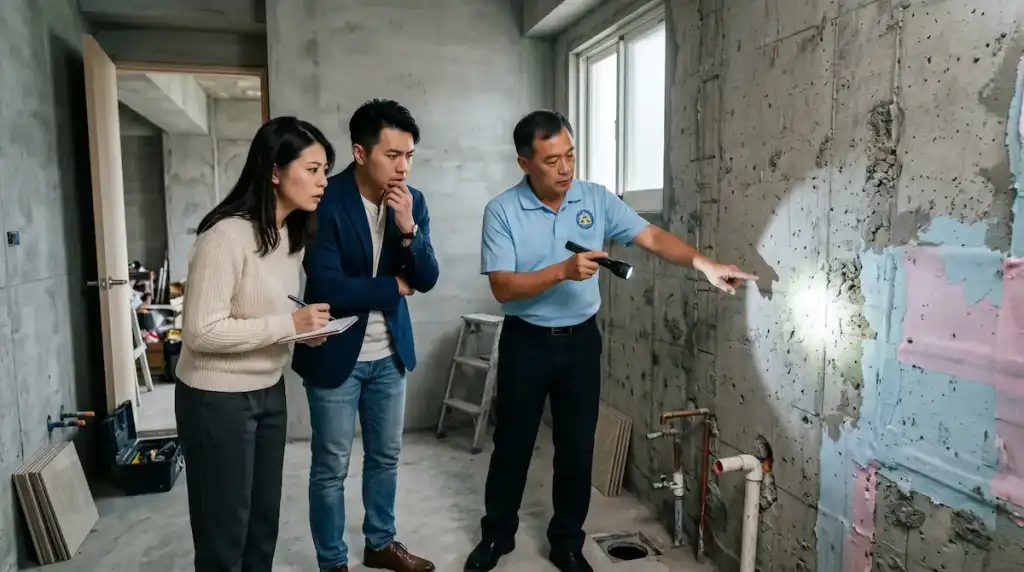驗屋團隊與年輕購屋族在未完工的浴室內檢查防水層瑕疵，凸顯缺工與趕工下的修繕風險。