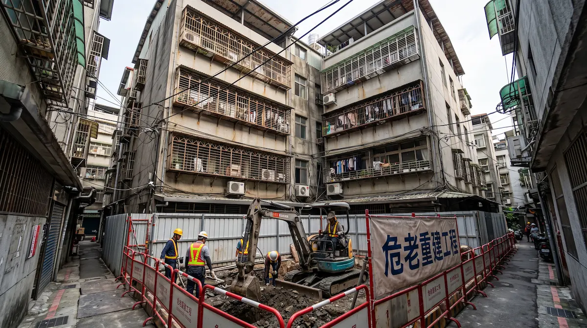 臺北市都會區巷弄內的危老重建工地實境，小基地開發面臨極高的營造成本與物理限制。