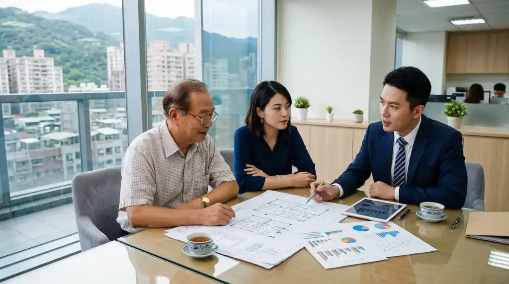 父女在現代辦公室內與專業稅務顧問討論房產傳承與稅務防禦規劃。